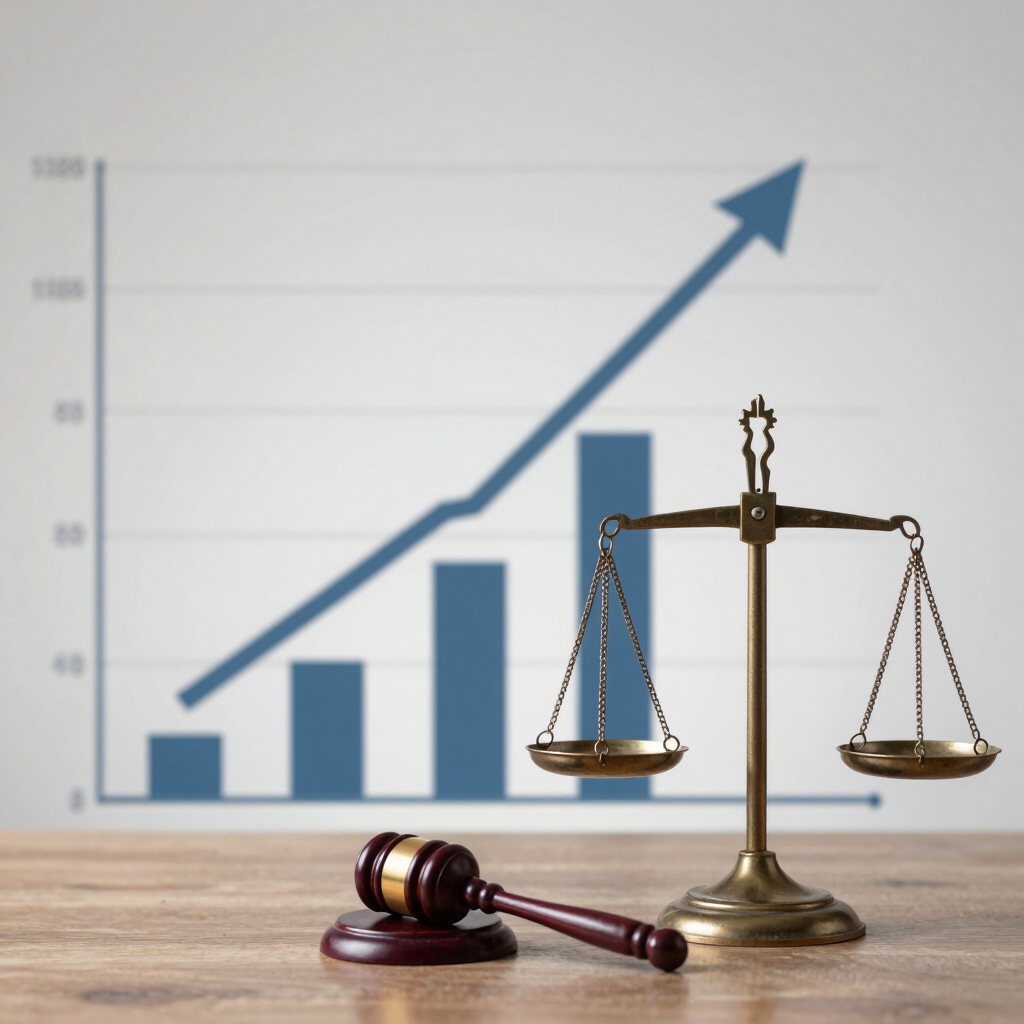 Creative workspace with legal books and digital marketing materials spread out.