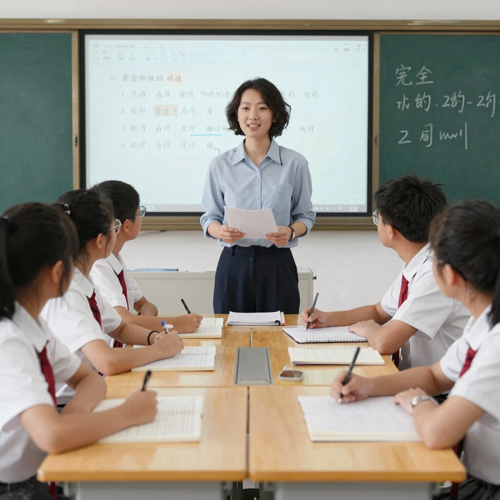 A modern classroom with students learning Mandarin language interactively.