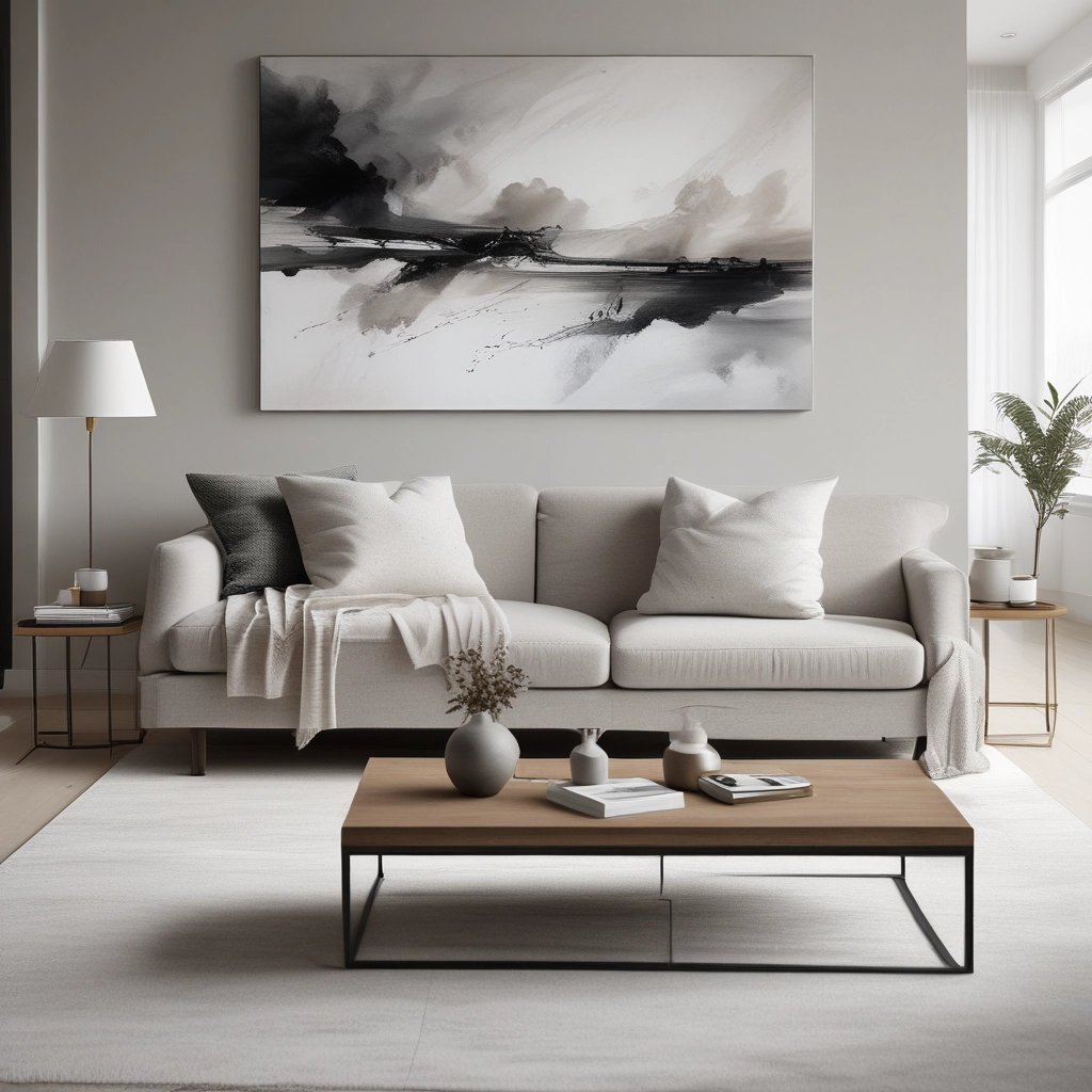 Didelis modernus paveikslas interjerui virš sofos, tinkamos proporcijos