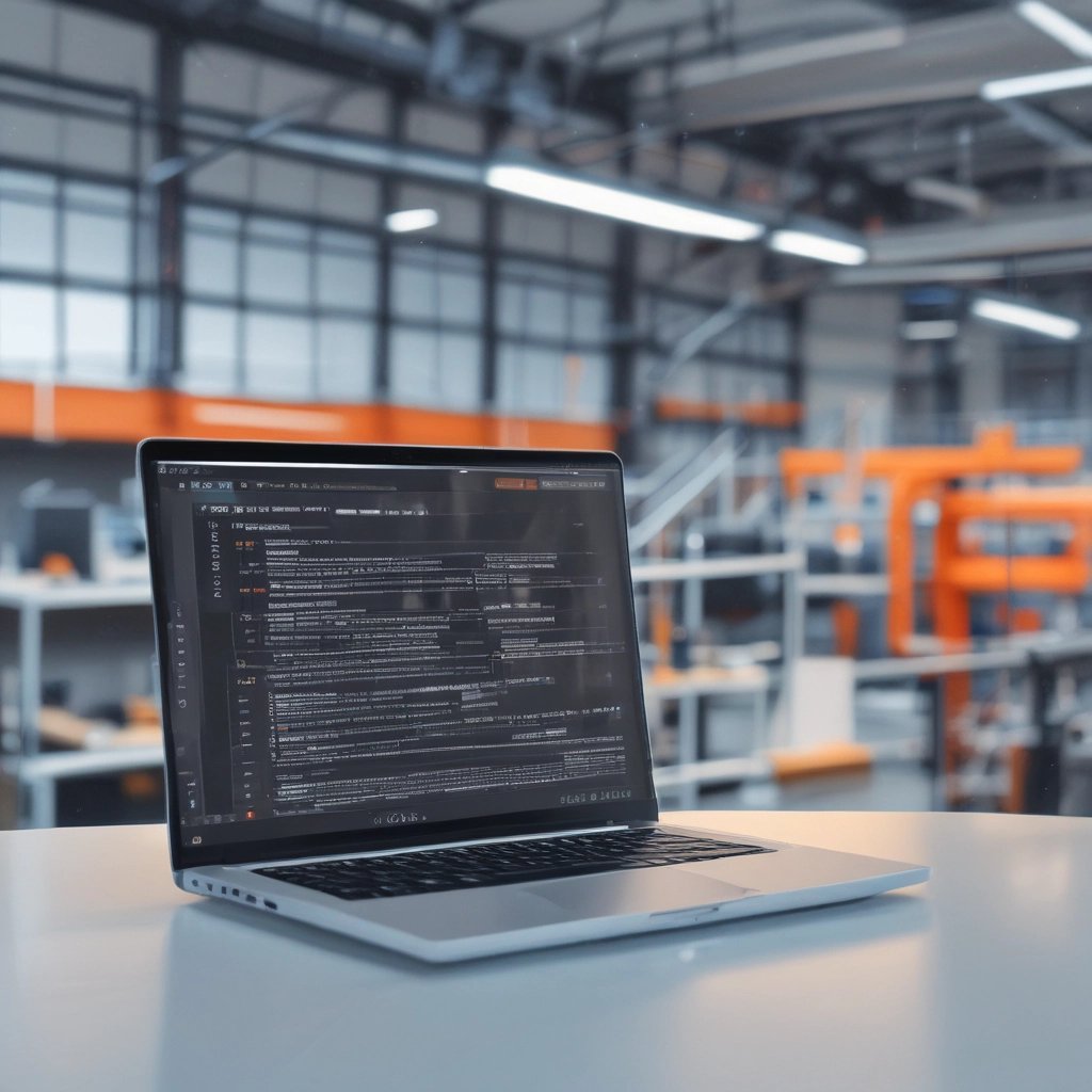Close-up of industrial PLC control panel with glowing indicators in a factory setting.
