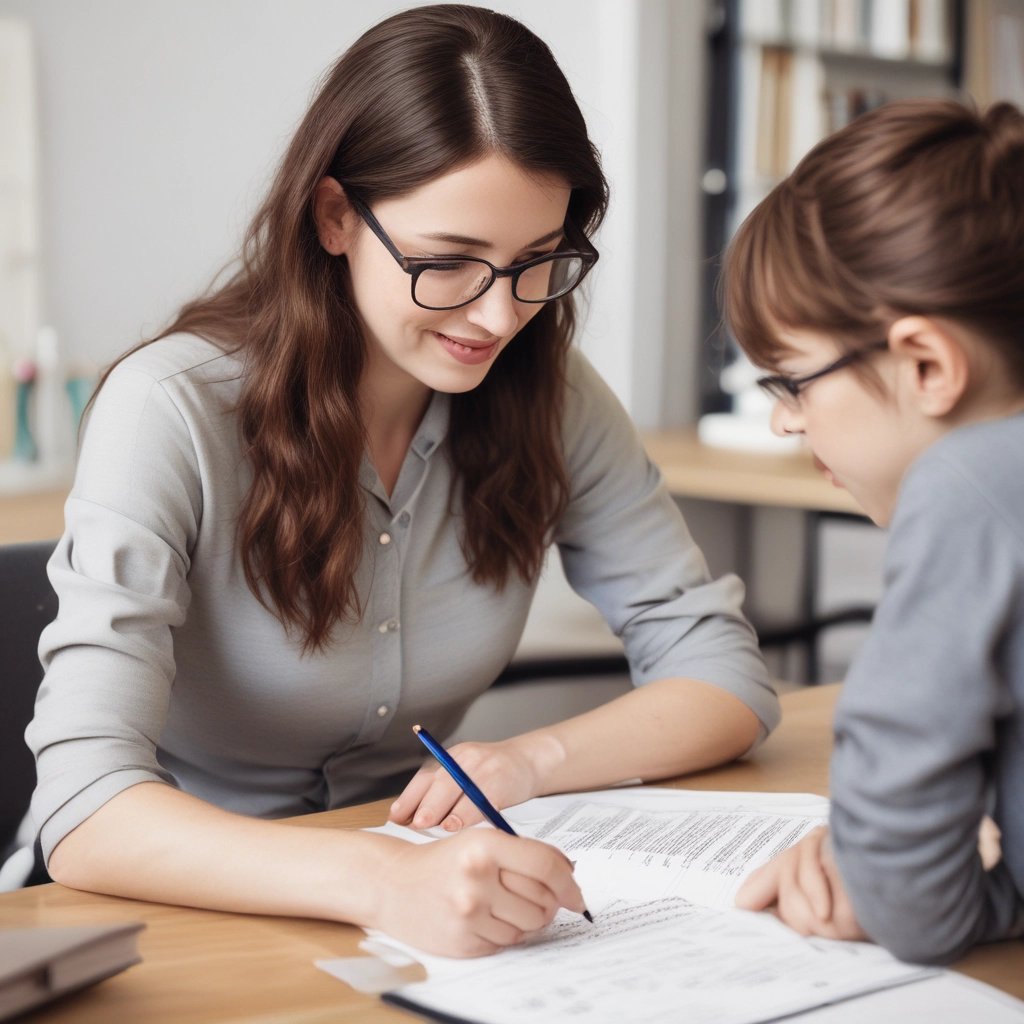 A psychology tutor explaining concepts to a focused student in a cozy study room.