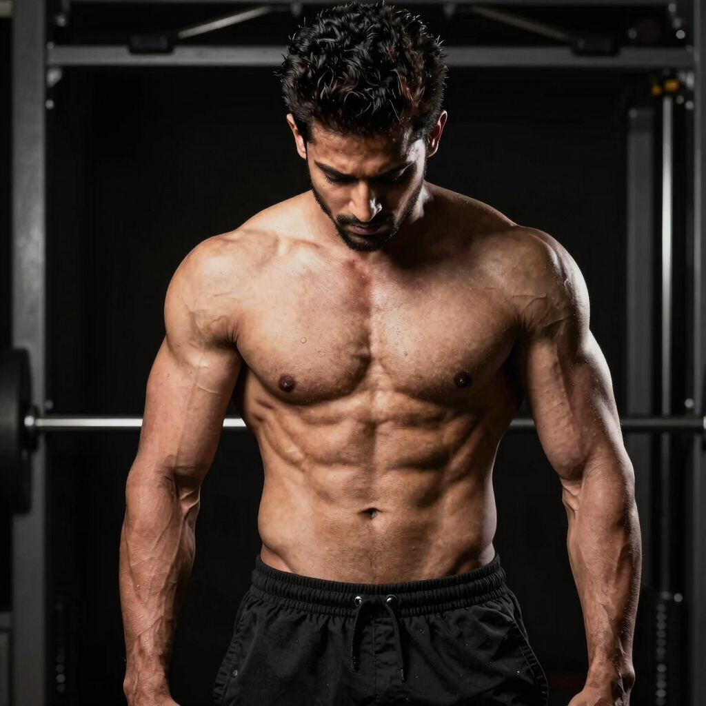 A close-up of a dumbbell resting on a dark gym floor under soft lighting.