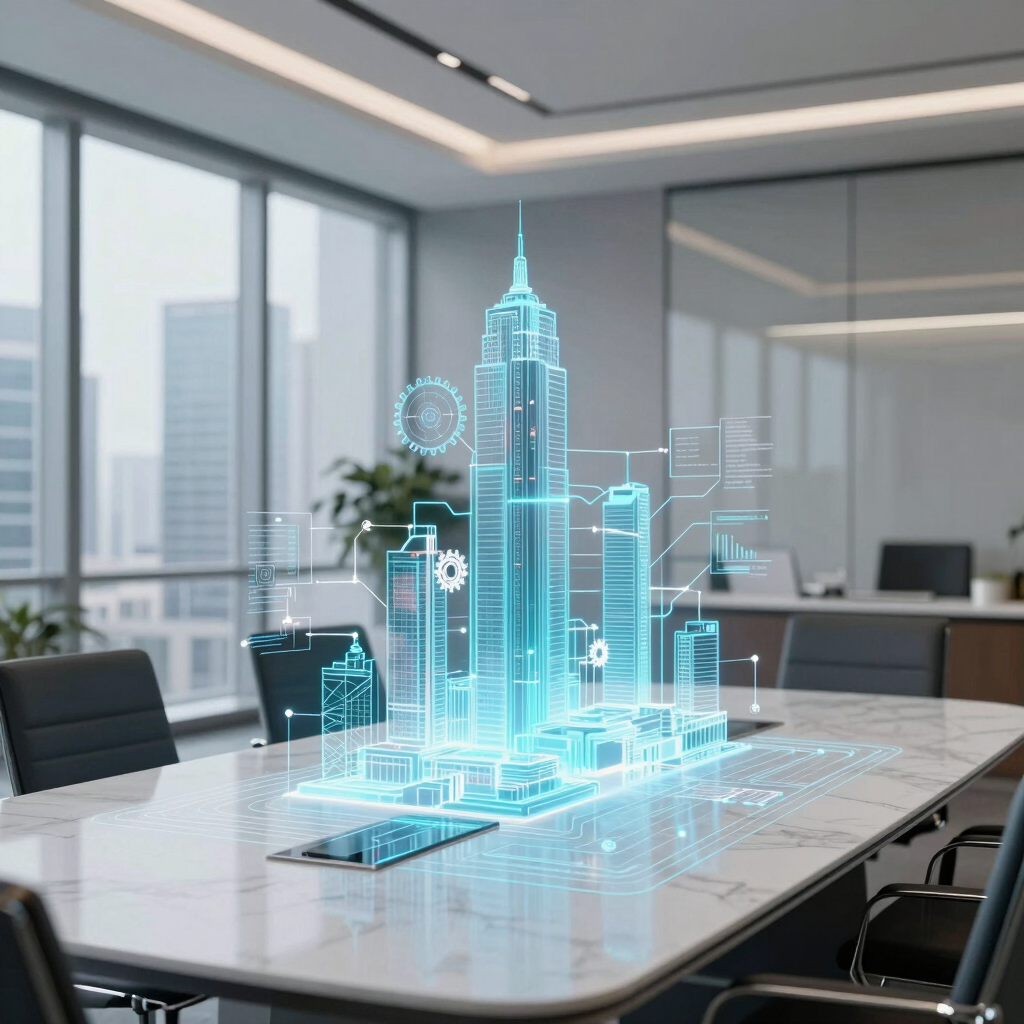 A business meeting with executives reviewing strategic plans on a sleek tablet.