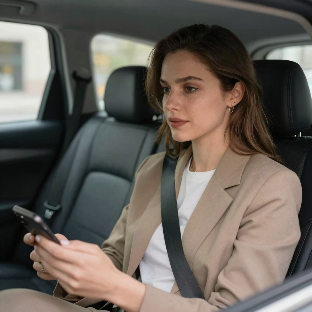 A sleek black sedan waiting outside an airport terminal with luggage nearby.
