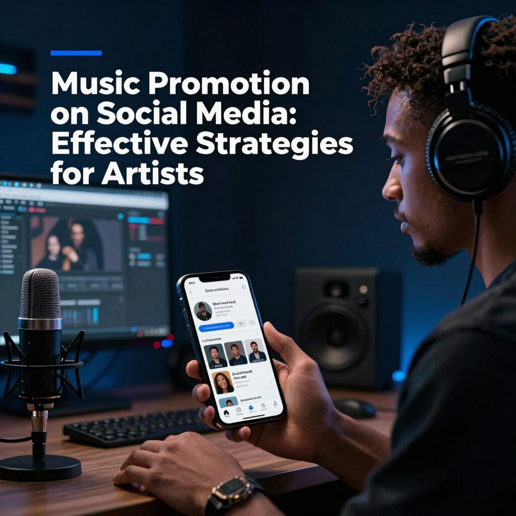 An artist in a home studio using a smartphone for social media music promotion strategies.