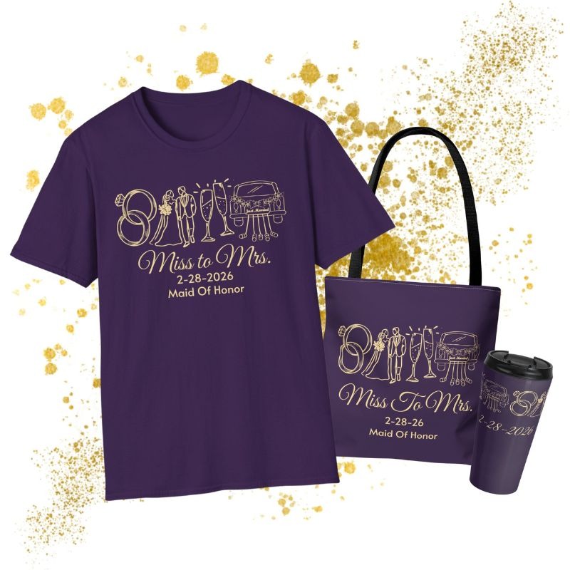 Miss to Mrs.' purple t-shirt, tote bag, and tumbler with custom wedding date.