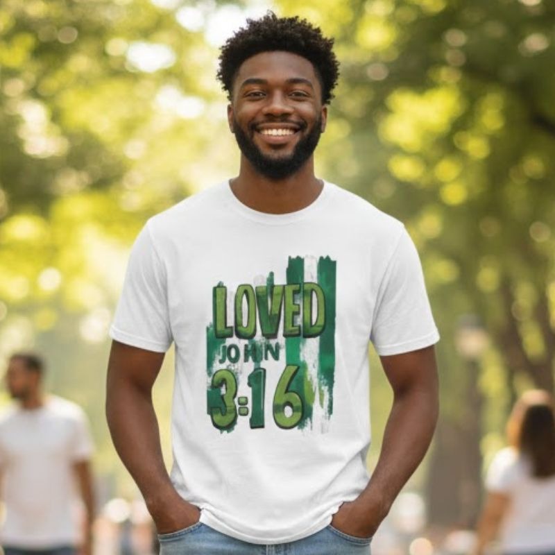 White tee St. Patrick theme Loved John 3:16 Bible Verse.