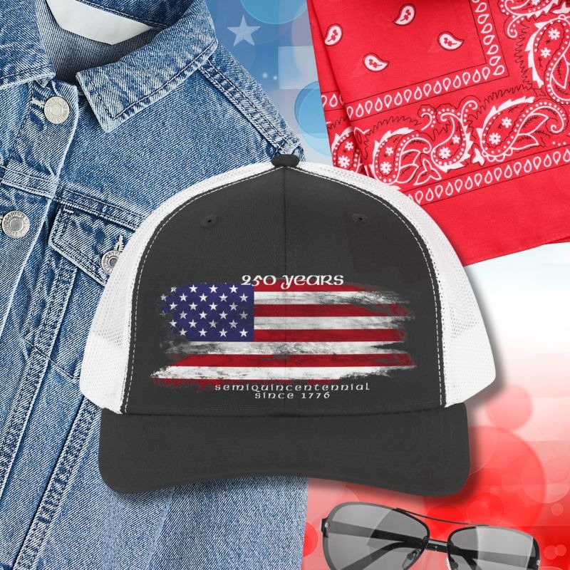 Black and white trucker hat with US flag and '250 years' text. Patriotic 250th Anniversary apparel.