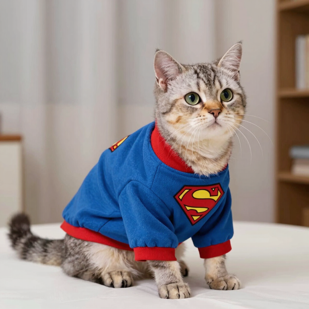 Un adorable gato atigrado con una sudadera azul y roja de disfraz de Superman sentado sobre la cama.