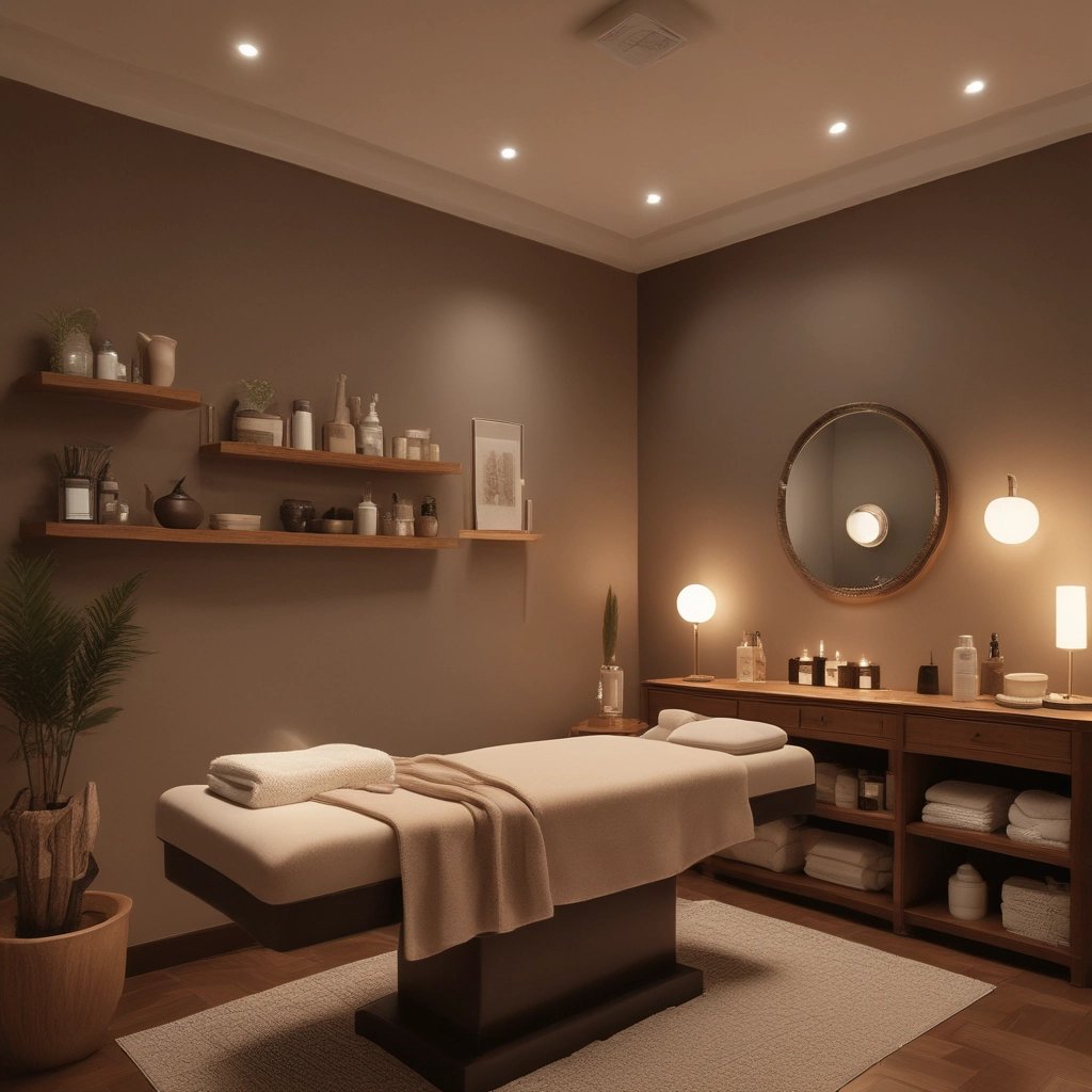 A cozy skincare studio corner with warm neutral tones and soft lighting.