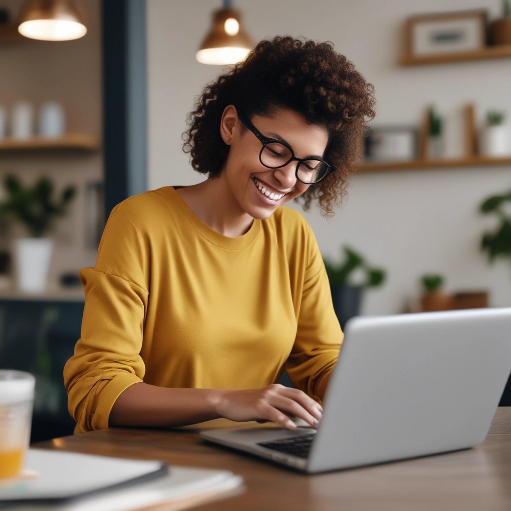A small business owner happily reviewing a website design on a laptop