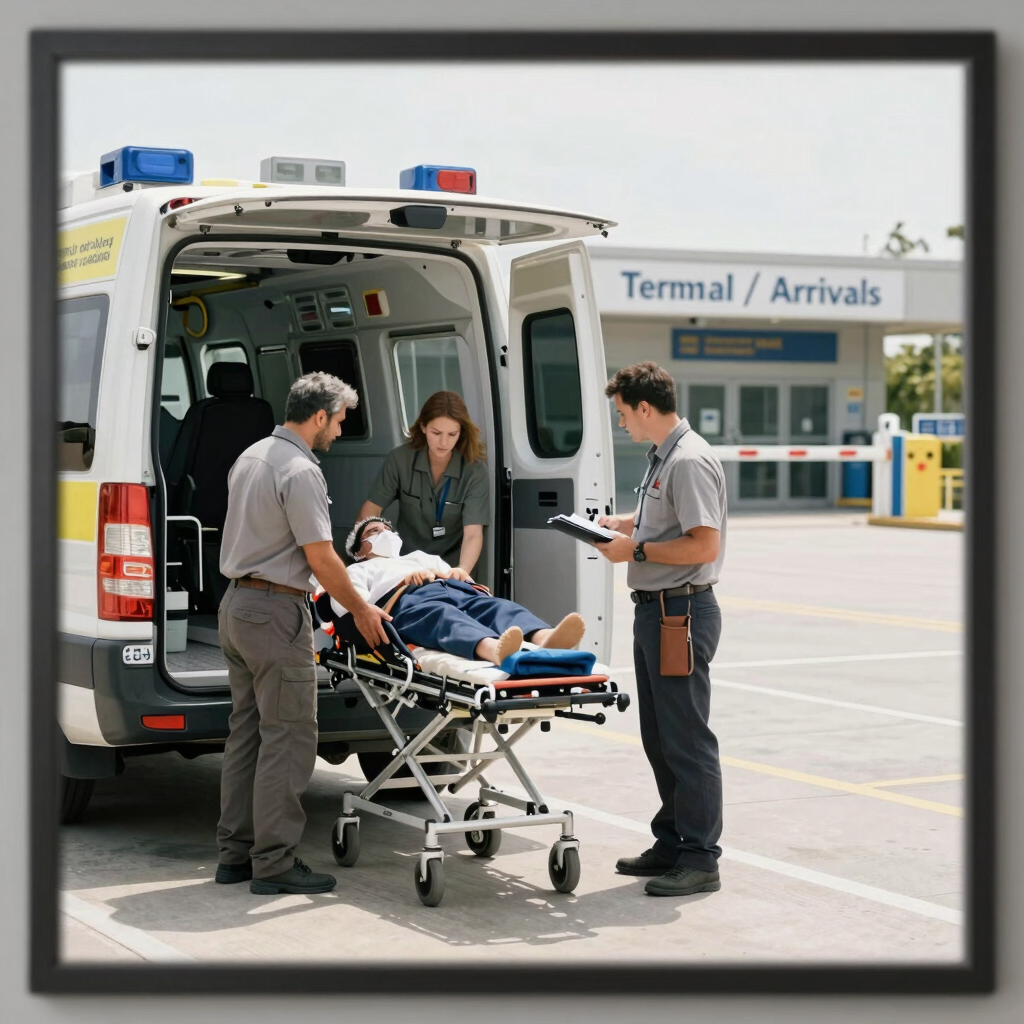 Des ambulanciers chargent un patient sur une civière dans une ambulance, dans la zone des arrivées.