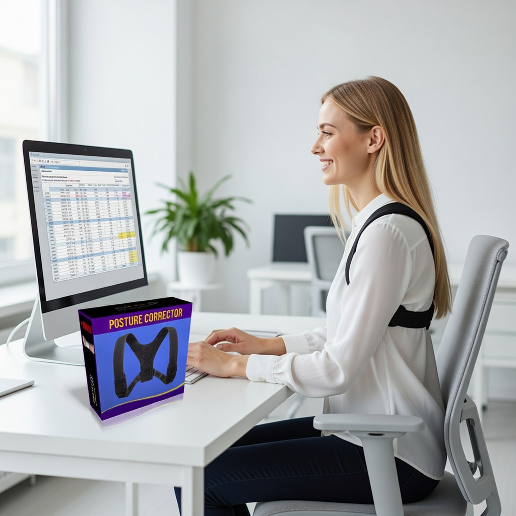 Blonde woman typing at PC, wearing a black posture corrector for back support in office.