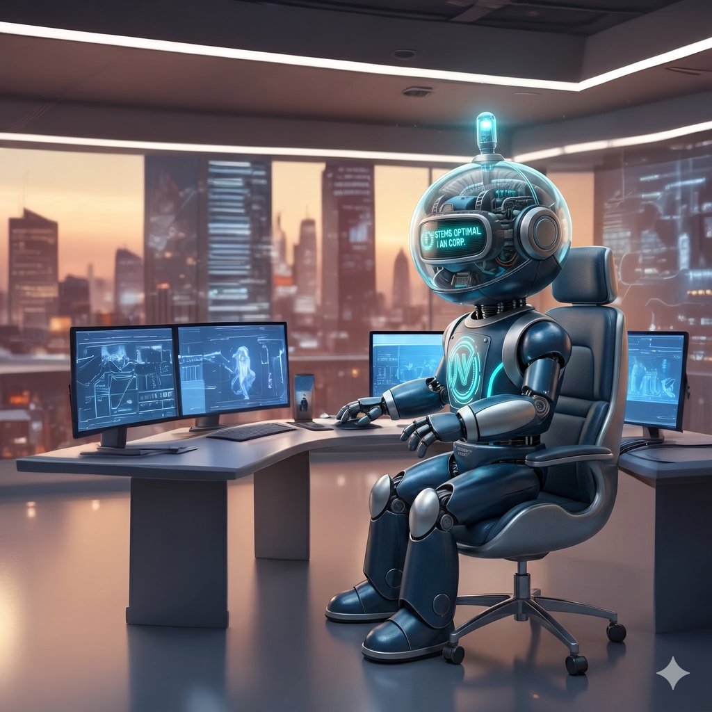 AI robot working at a futuristic computer workstation in a high-rise office with city views.