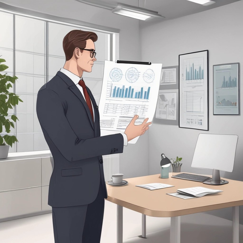 Professional businessman in a suit reviewing data charts and financial reports in a modern office.