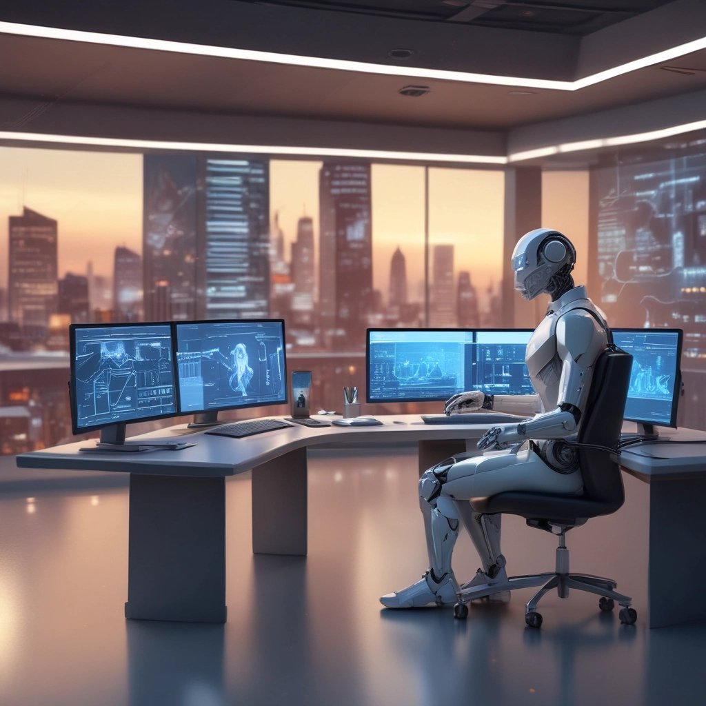 AI robot working at a futuristic office desk with multiple monitors overlooking a city skyline at sunset.