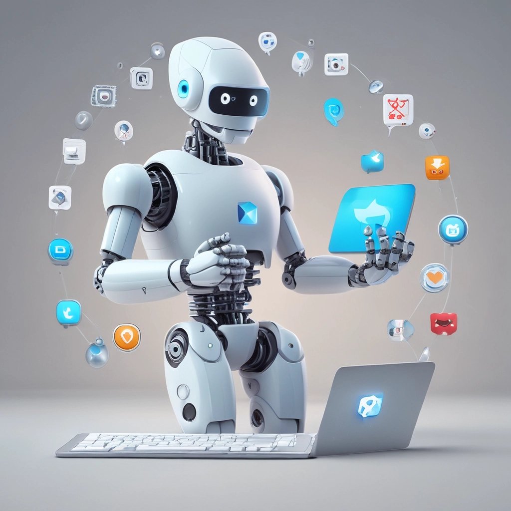 White AI robot assistant managing digital software apps and data on a laptop keyboard.