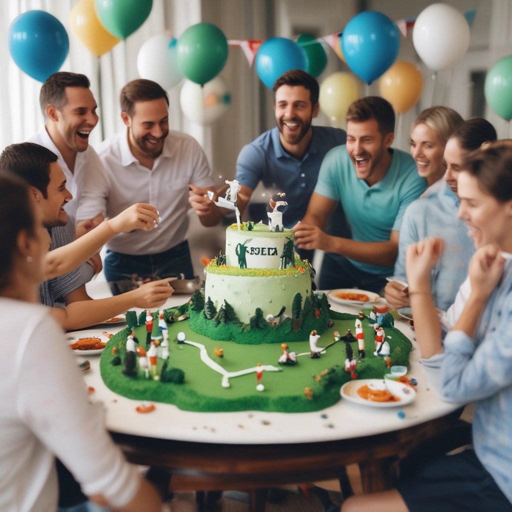 A group of friends enjoying a golf simulator at a birthday party indoors.
