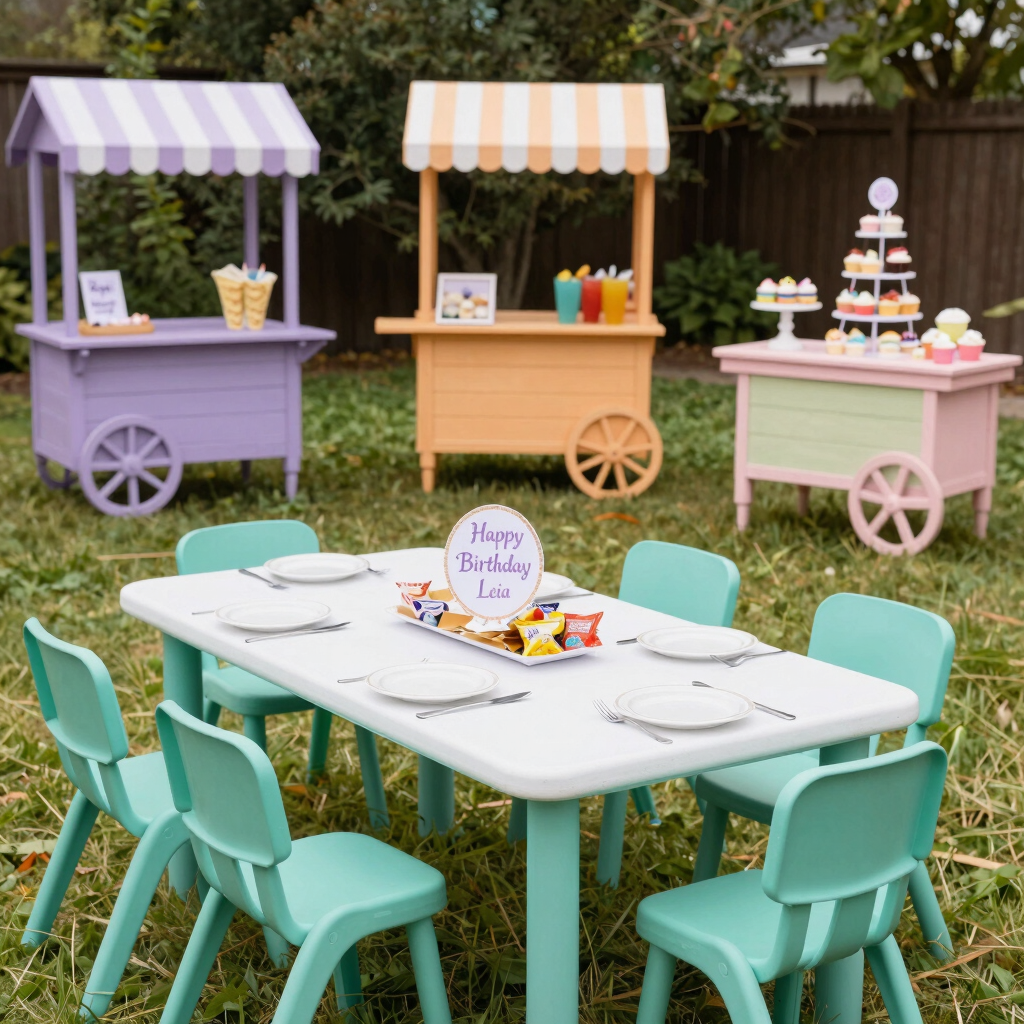 Wide environmental shot of a styled snack cart station photographed empty, natural daylight, no people—white vintage-style cart with tiered shelves holding small kraft paper cones, coordinated snack jars, and a chalkboard tag panel, soft shadow on a light cream floor, negative space to the right