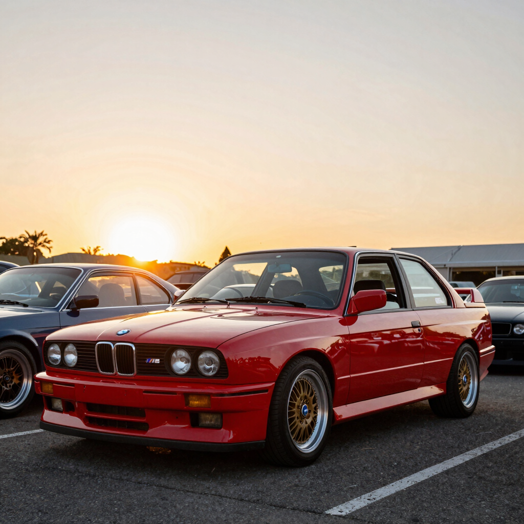 a red car parked in a garage next to a brick wall