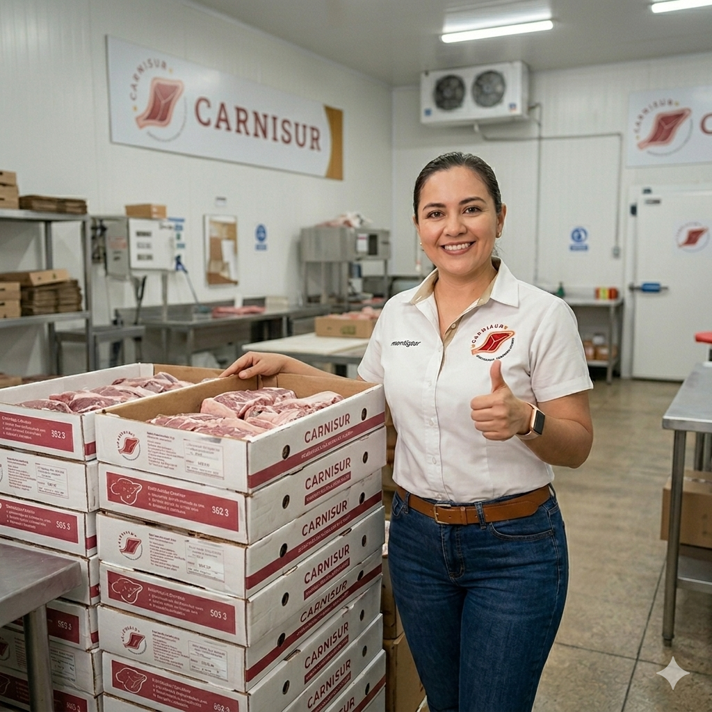 Empleada sonriente de Carnisur levanta el pulgar junto a cajas de pedidos en una planta procesadora