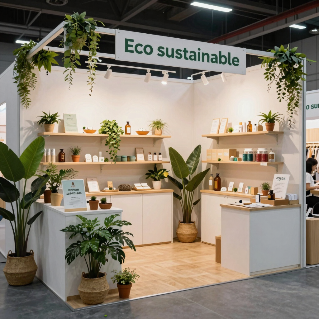 An elegant exhibition booth featuring modern branding and vibrant green accents matching the company palette.