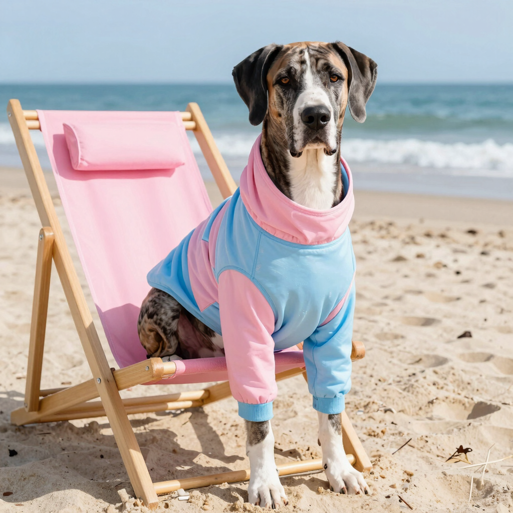 Un gato gris con gafas de sol y una camisa tropical rosa descansando en una silla de playa