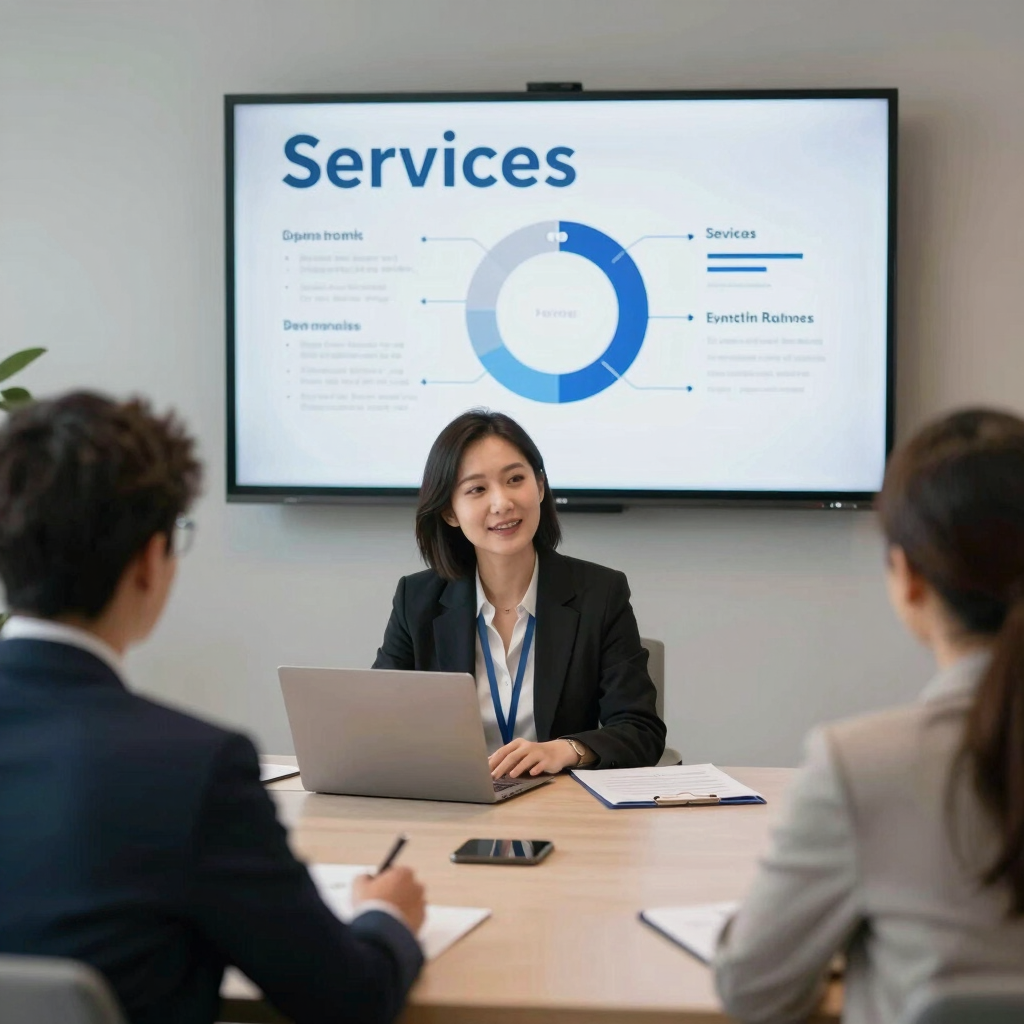 A team collaborating around a conference table with network diagrams on a screen.