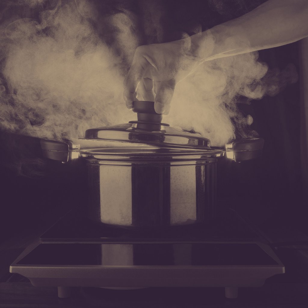 Steam rising from a stainless steel cooking pot as a hand lifts the lid on an electric stovetop.