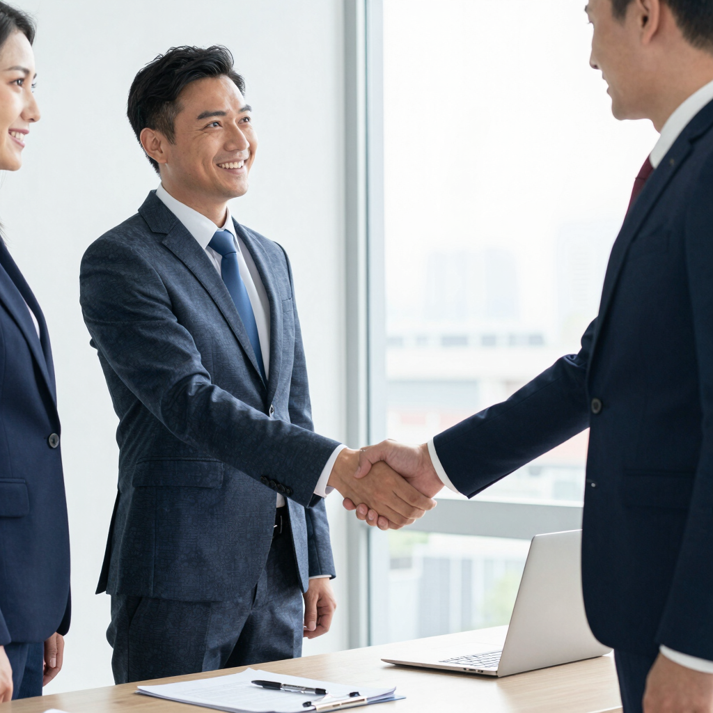 A welcoming office desk with translation documents and a laptop ready for client communication.