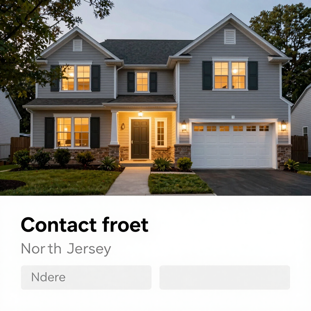 Modern two-story grey suburban home in North Jersey with a white garage door and lit windows at dusk.