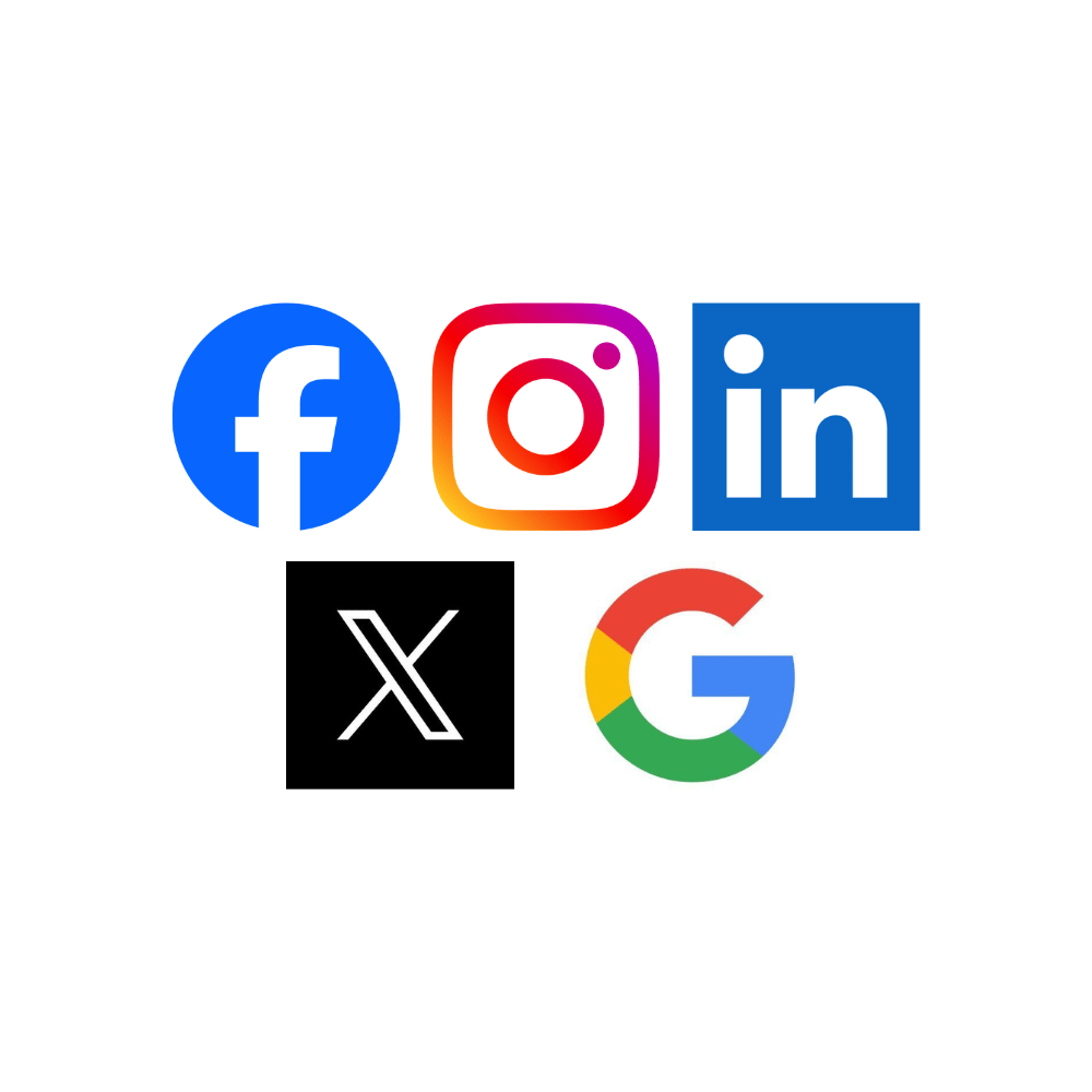 Collection of social media and search icons including Facebook, Instagram, LinkedIn, X, and Google logo.
