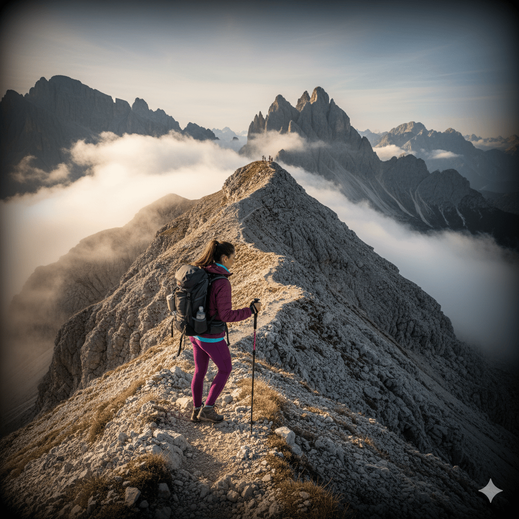 a woman with backpack on a mountain trekking and hiking experience