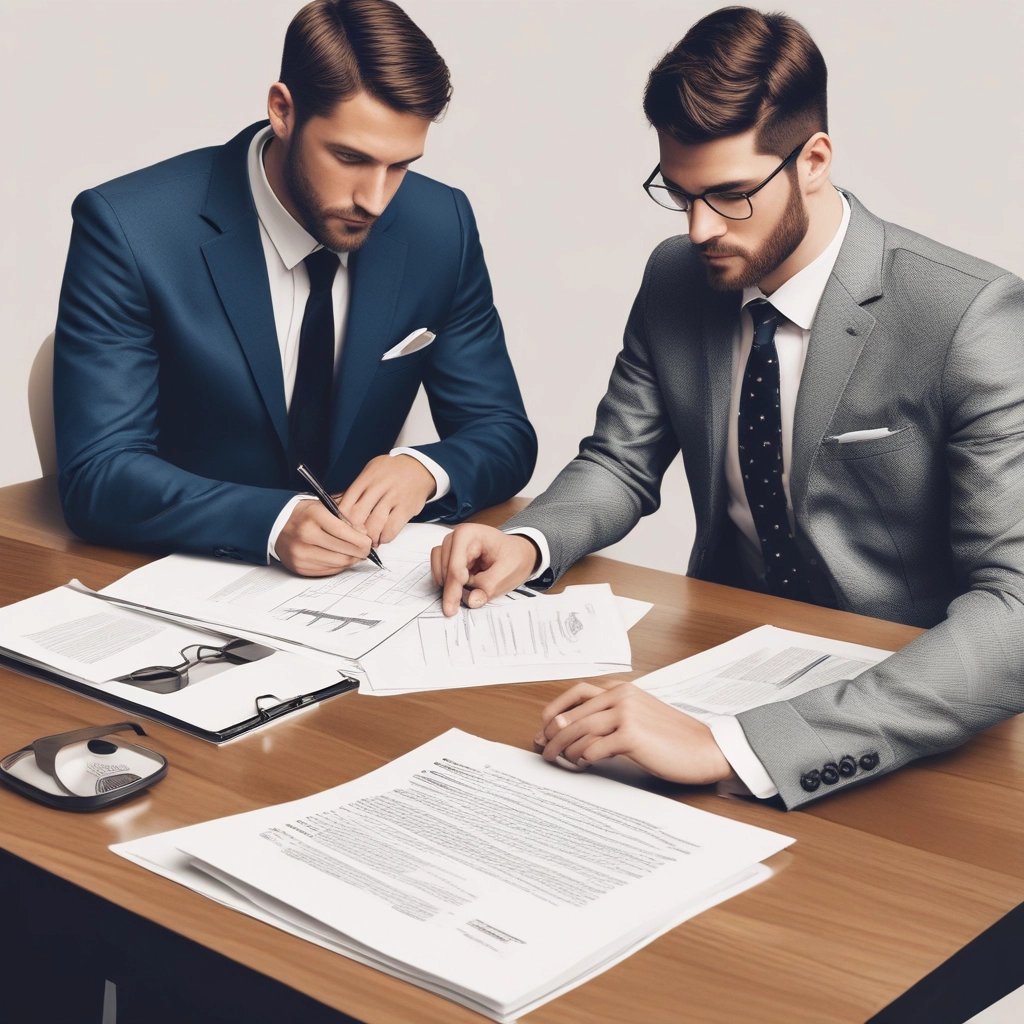 Elegant office setting with legal documents, a golden pen, and a navy blue leather briefcase