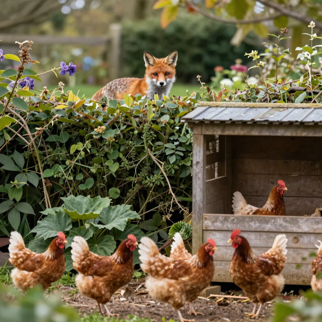 photo of a fox watching chickens