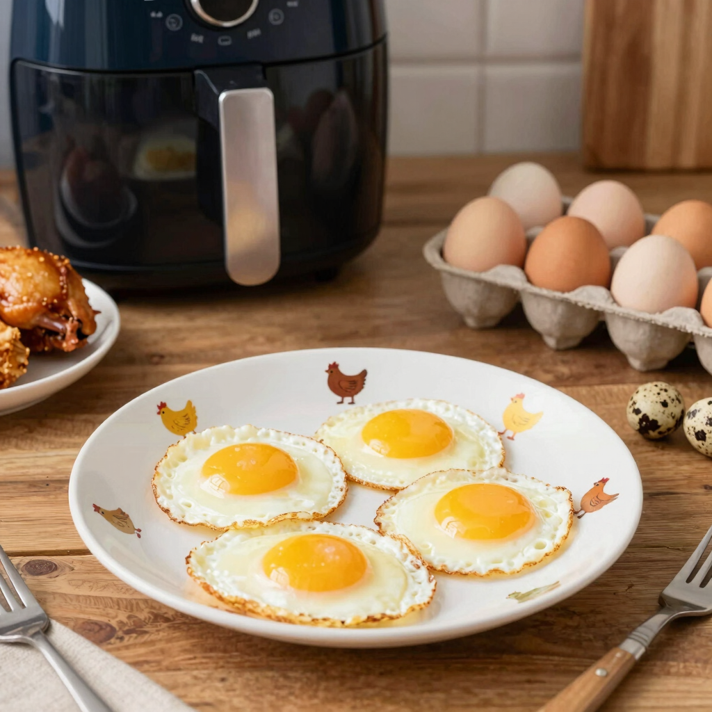 show fried eggs on toast on a plate with little pictures of chickens on it, with an air fryer in