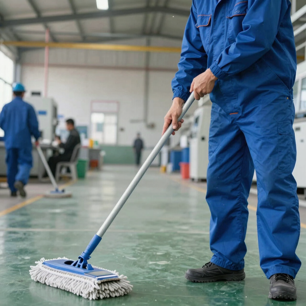 professional industrial cleaning technician in a South American factory setting, operating a large industrial floor scrubber on a polished concrete surface. Bright, clear lighting emphasizing efficiency and cleanliness, with subtle green and orange safety gear visible.