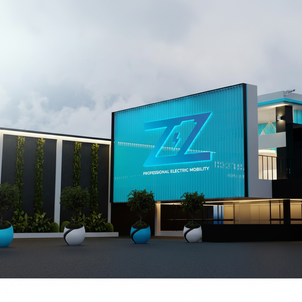 Modern professional electric mobility building with a glowing blue Z logo and charging station architecture.