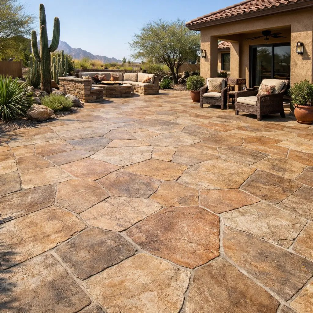 backyard patio in Buckeye, Arizona featuring stamped concrete designed to resemble natural stone in warm desert tones.