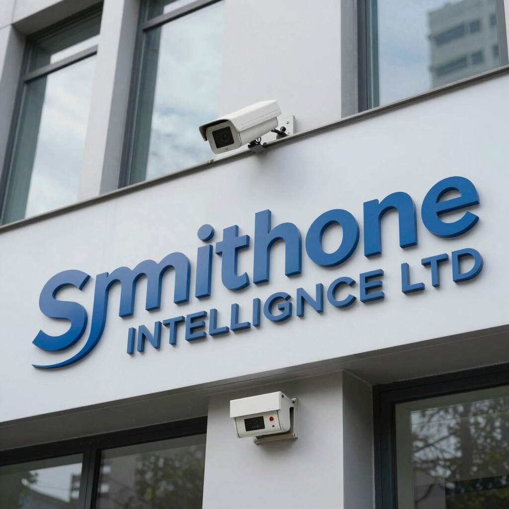 A Smithone Intelligence security van parked outside a Nigerian office building with uniformed guards nearby.