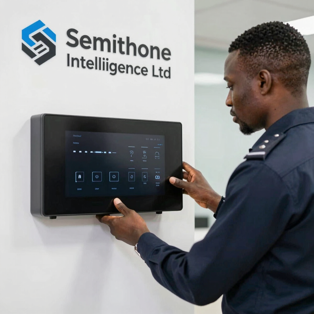 Close-up of a Smithone Intelligence Ltd electronic security system panel installed at a Nigerian office entrance.