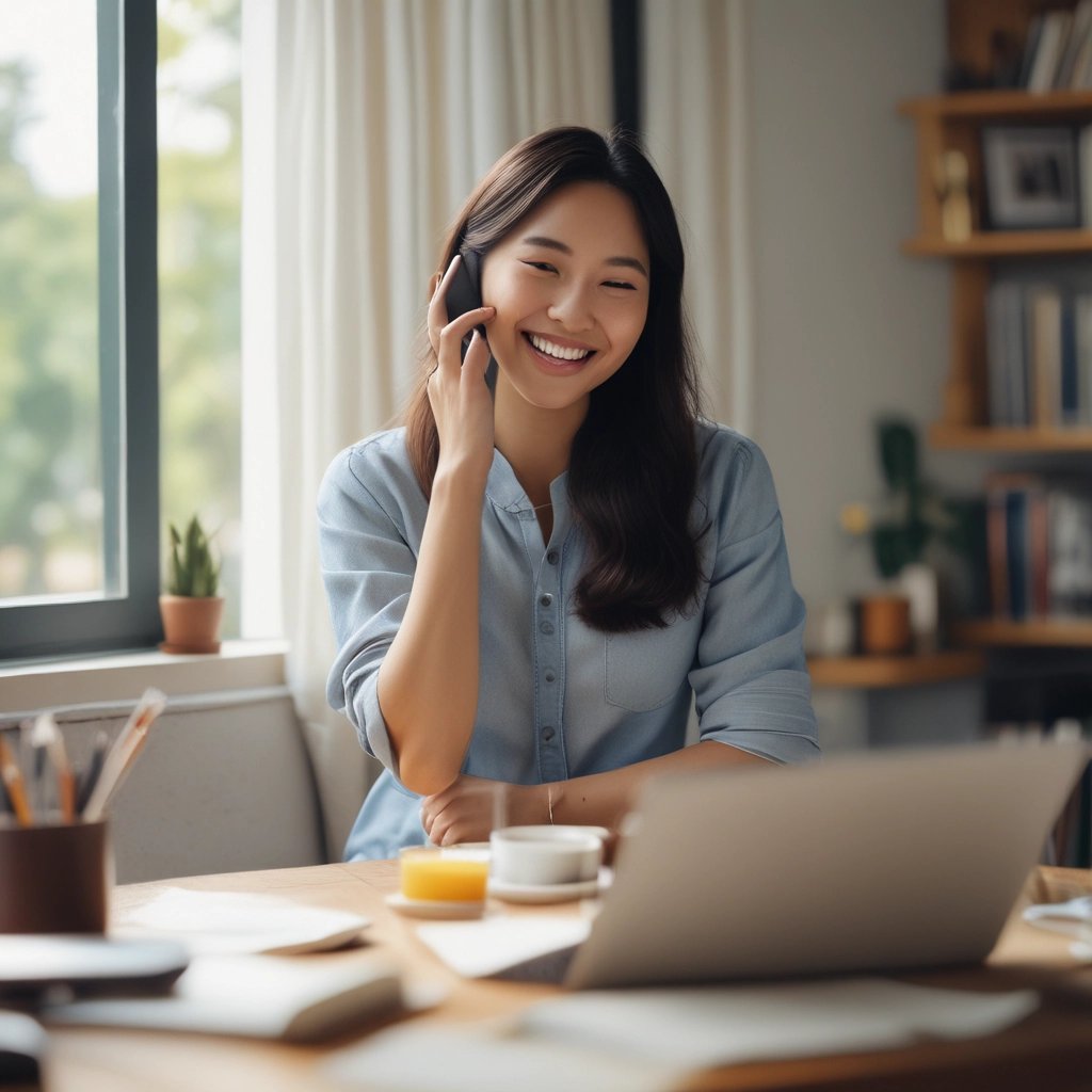 A friendly teacher and student engaged in an online English class, smiling at the screen.