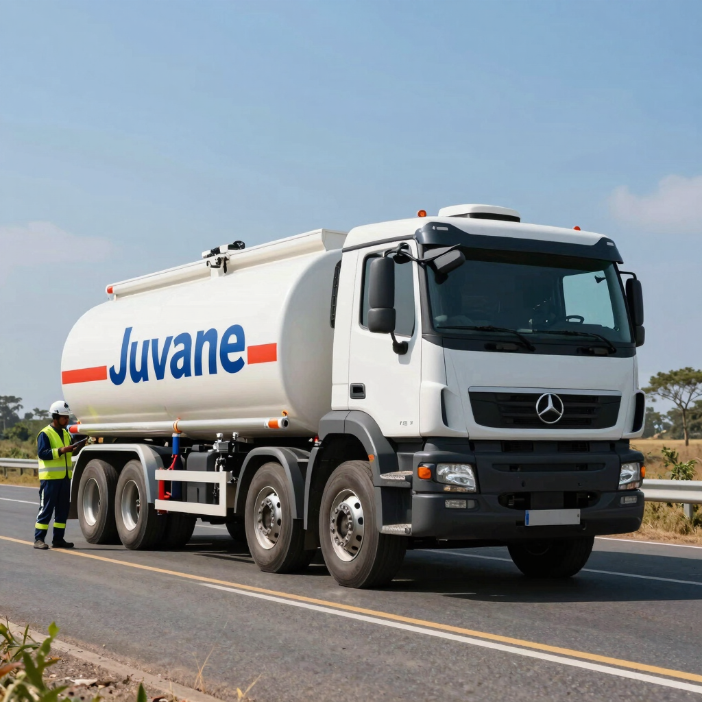 Image showing a fleet of modern fuel transport trucks lined up under a clear blue sky.