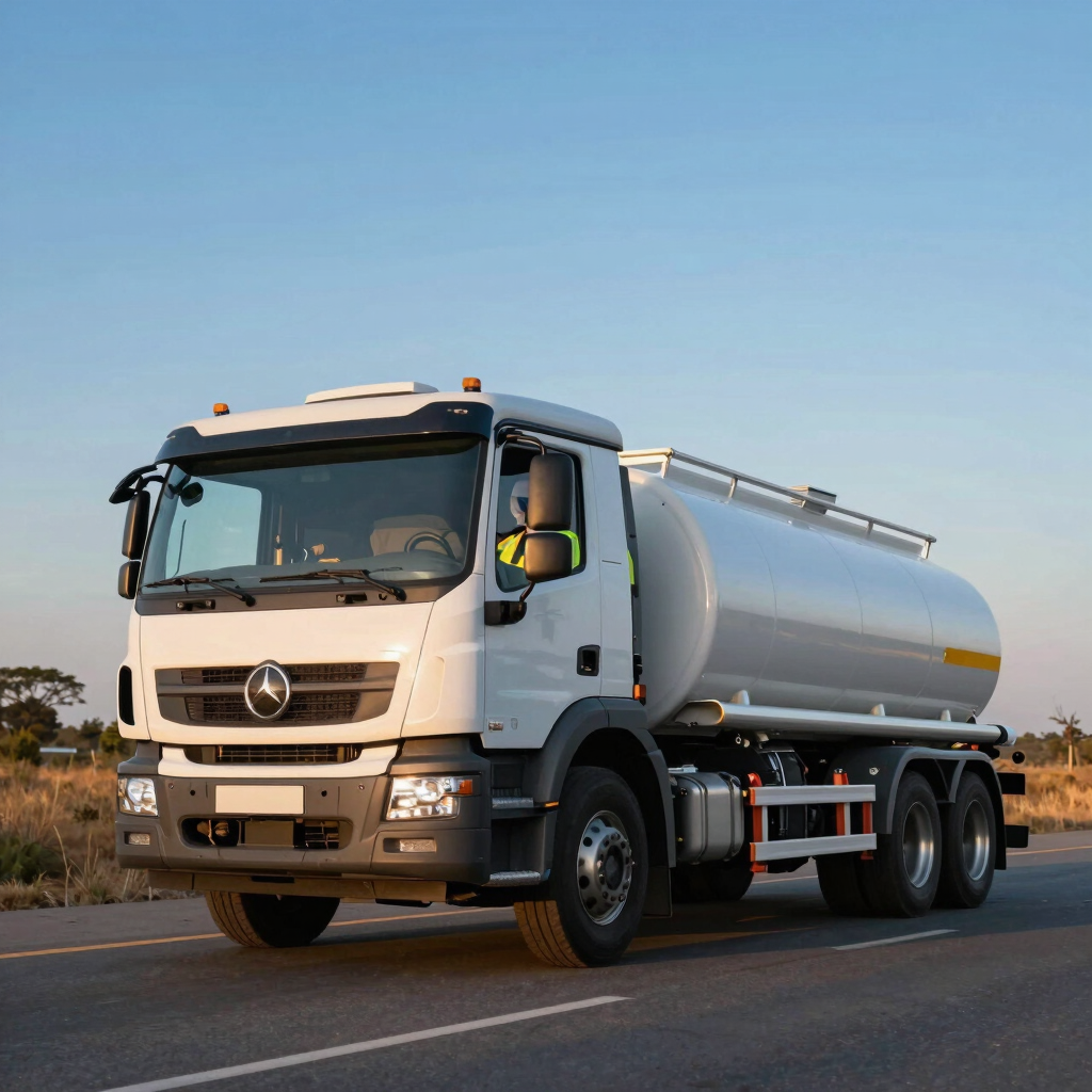 Fuel transportation truck driving on a highway at sunrise.