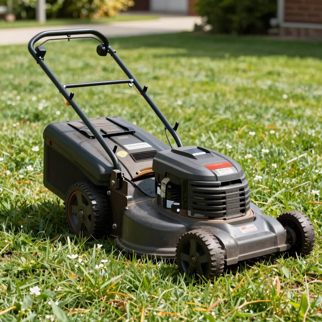 A freshly mowed green lawn with neat edges under a bright sunny sky.