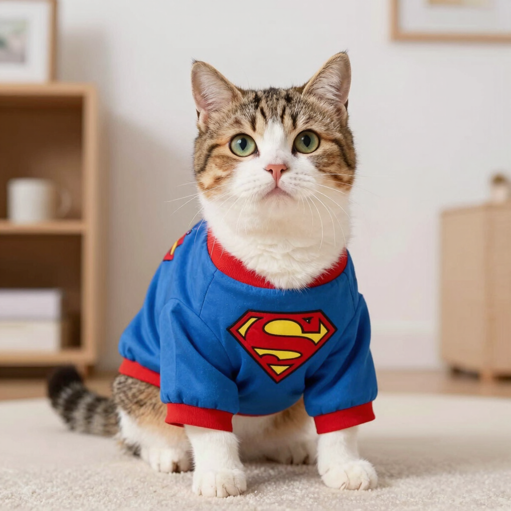 Un gato de pelo corto vistiendo una playera azul y roja de superman