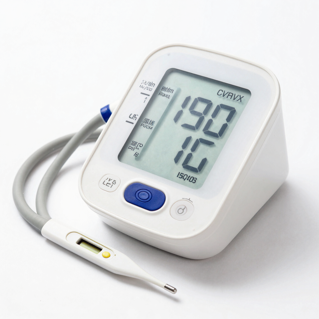 A close-up of various health tracking devices neatly arranged on a wooden table.