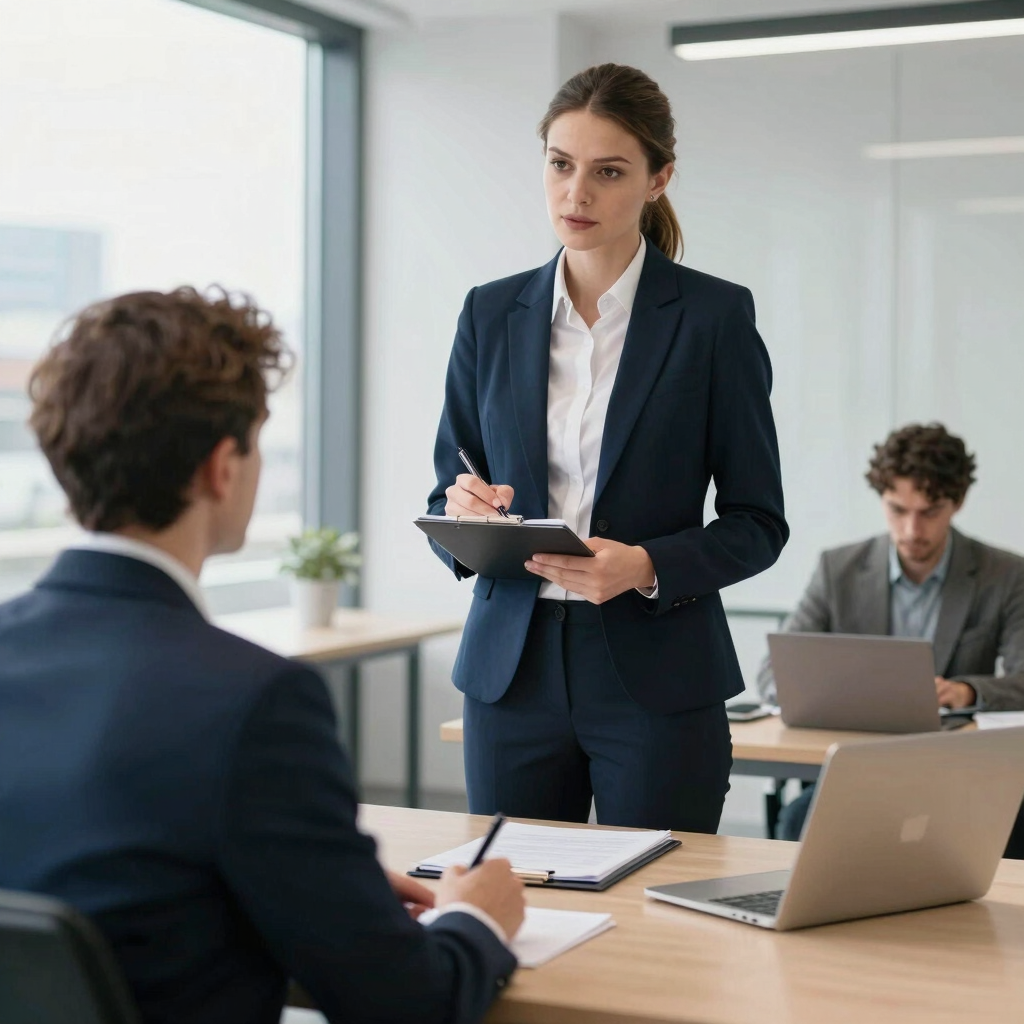 A consultant presenting data insights to a small group in a modern office.