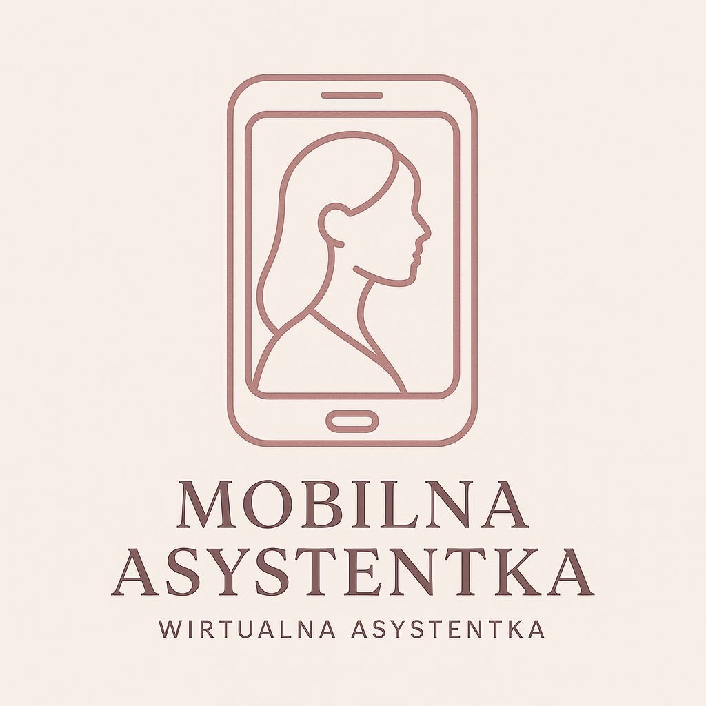 Mobilna Asystentka logo featuring a woman's profile in a smartphone icon for virtual assistant services.