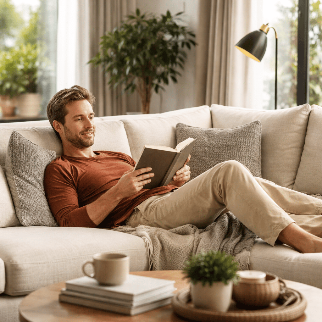 A man lying on a sofa reading a book.